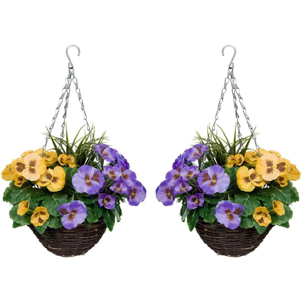 2 Pcs Coco Coir Artificial Hanging Planters, Fake Pink White Pansies Floral Arrangement with Decorative Grasses, UV Waterproof Hanging Basket for Indoor Outdoor Garden Decor