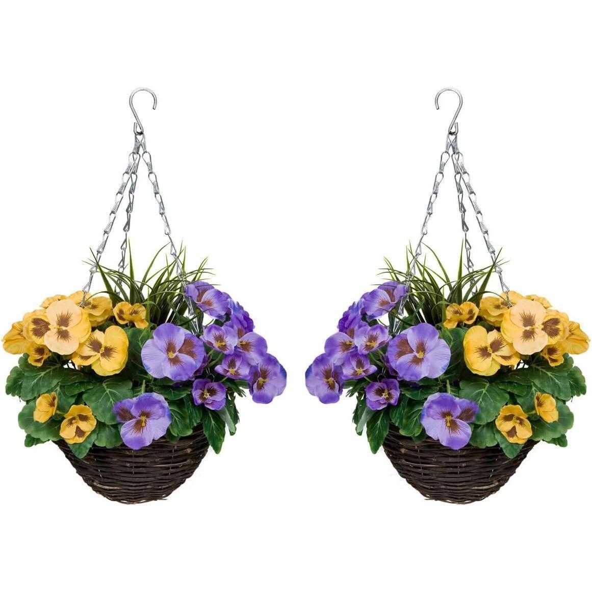 2 Pcs Coco Coir Artificial Hanging Planters, Fake Pink White Pansies Floral Arrangement with Decorative Grasses, UV Waterproof Hanging Basket for Indoor Outdoor Garden Decor
