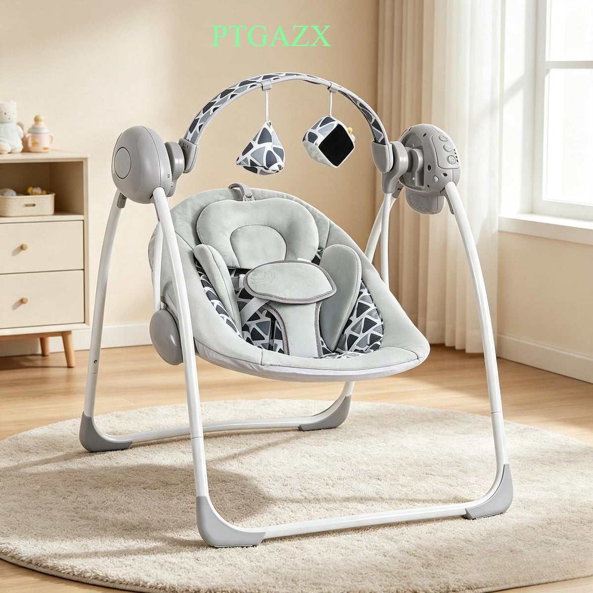 Battery Operated Foldable Baby Swing with 5 Adjustable Swing Speed, Auto Off Timer, Built-in Calming Music & Hanging Toys, Portable Infant Rocker for Newborn Nursery Use