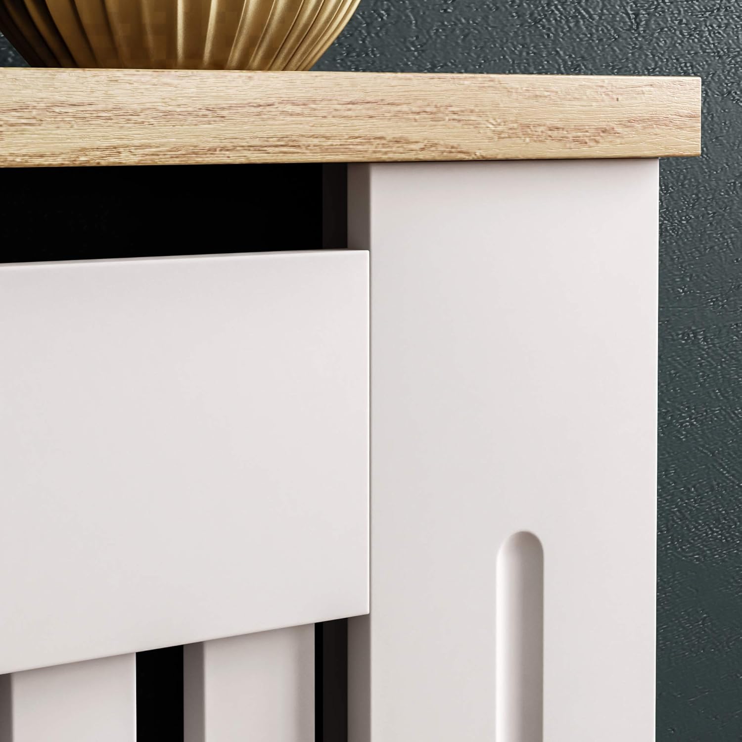 【NS】White MDF Radiator Cover with Wood Shelf – Modern Slatted Grill Design, Small Size (H: 83.3 / W: 78 / D: 19 cm) [Plus A Free Gift]