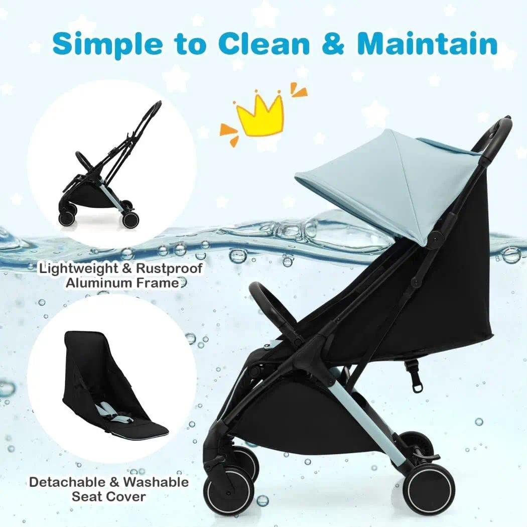 Compact Travel Baby Stroller with Detachable Seat Cover, 5-Point Safety Harness, Multi-Angle Canopy, Reclining Backrest and Adjustable Footrest, Lightweight One-Hand Fold Pushchair for Newborn to 3 Years [Plus A Free Gift]