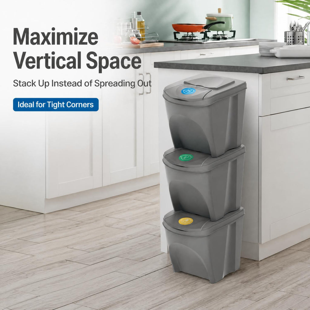 3‑Pack Stackable Recycling Bins – 25L Each with Secure Lids, Colour‑Coded Sticker Labels, Space‑Saving Design for Kitchen, Office, or Garden Waste – Total 75L Storage Capacity in Sturdy Grey Plastic