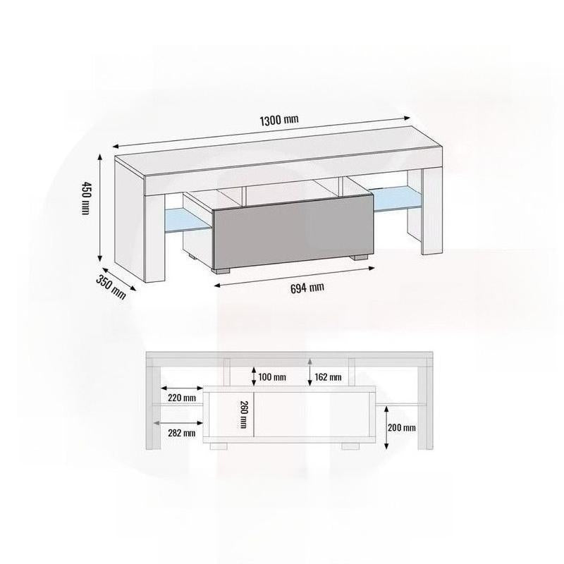 130cm Modern High Gloss TV Stand with LED Light & Glass Shelves Storage Cabinet for Living Room