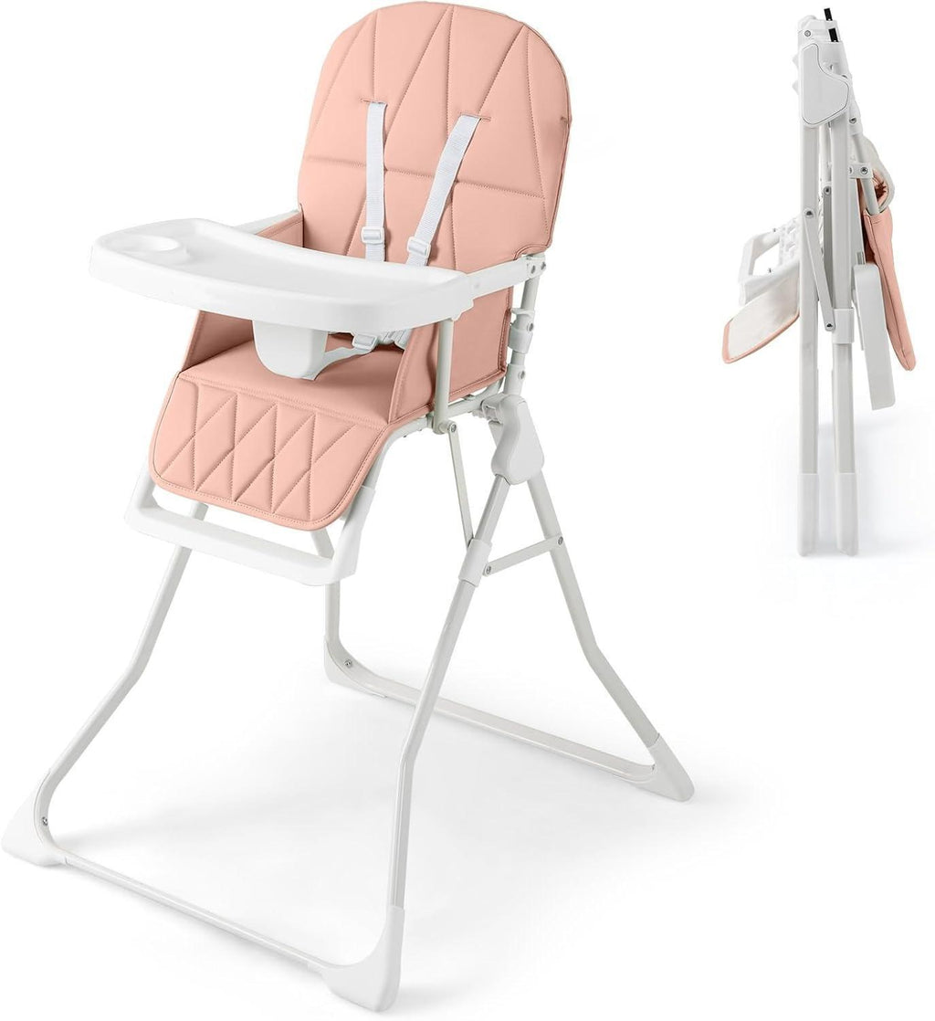 Foldable Baby High Chair, Compact Lightweight Toddler Feeding Highchair with 3‑Position Adjustable Tray & Footrest, Removable Seat Cushion, 5‑Point Safety Harness for 6‑36 Months