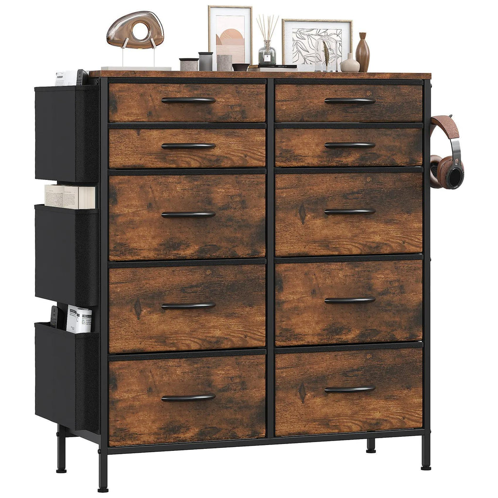 White Tall 10‑Drawer Fabric Dresser with 3 Side Pockets, Chest of Drawers with MDF Wood Top & Metal Frame, Anti‑Tip Storage Organizer for Bedroom Closet Living Room Dorm Office