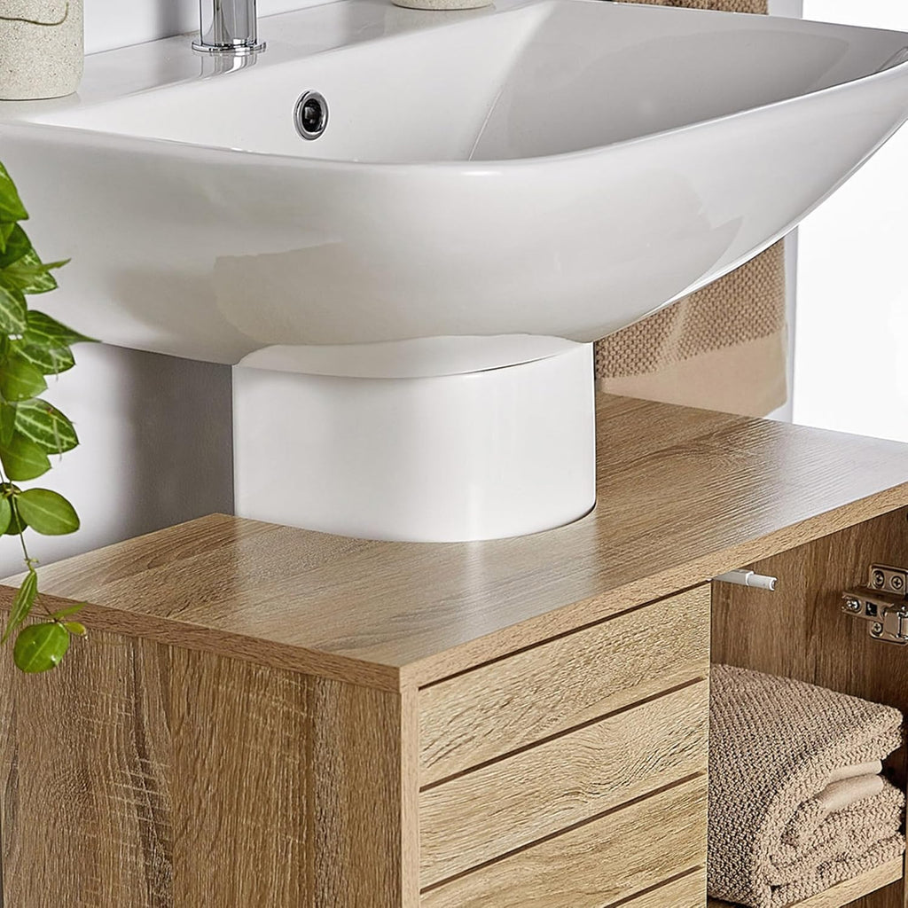 `Freestanding Under‑Sink Bathroom Cabinet, Oak Wood‑Effect Handleless Storage Cupboard with 2 Adjustable Inner Shelves, Multi‑Purpose Below Sink Organizer for Bathroom Vanity`