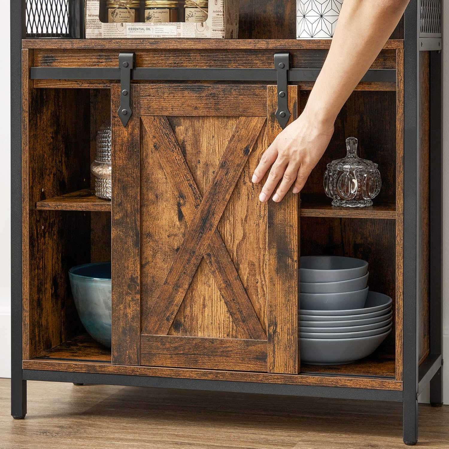 Rustic Sideboard Storage Cabinet with Sliding Barn Door Open Compartment & Adjustable Shelf Freestanding Buffet Unit 30 x 70 x 80 cm Toasted Oak Finish for Living Room Hallway