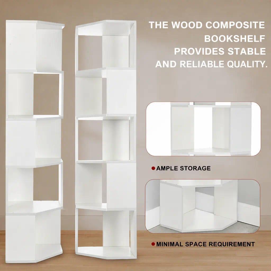 5-Tier Corner Shelf Unit Freestanding Display Rack, Wooden Open Storage Bookcase for Living Room Bedroom Home Office, Space-Saving Tall Narrow Stand, 40x40x159 cm [Plus A Free Gift]