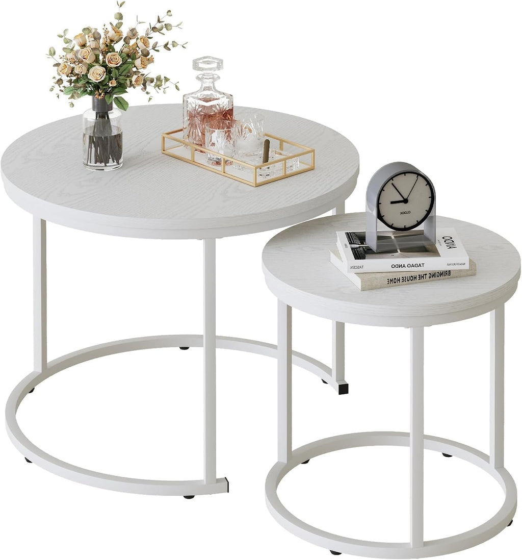 Marble Nesting Coffee Table Set for Living Room, Round Metal Frame Center & End Tables for Small Space, Bedroom, White & Black, 60x50cm