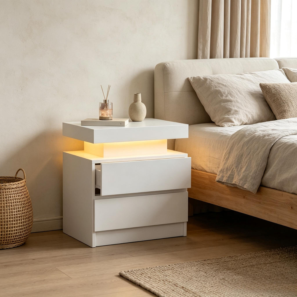 Modern LED Bedside Table with RGB Lights App & Remote Control, Lift‑Top Hidden Storage 2 Drawers High Gloss Nightstand, USB Powered Side Cabinet for Bedroom Living Room, Self‑Assembly
