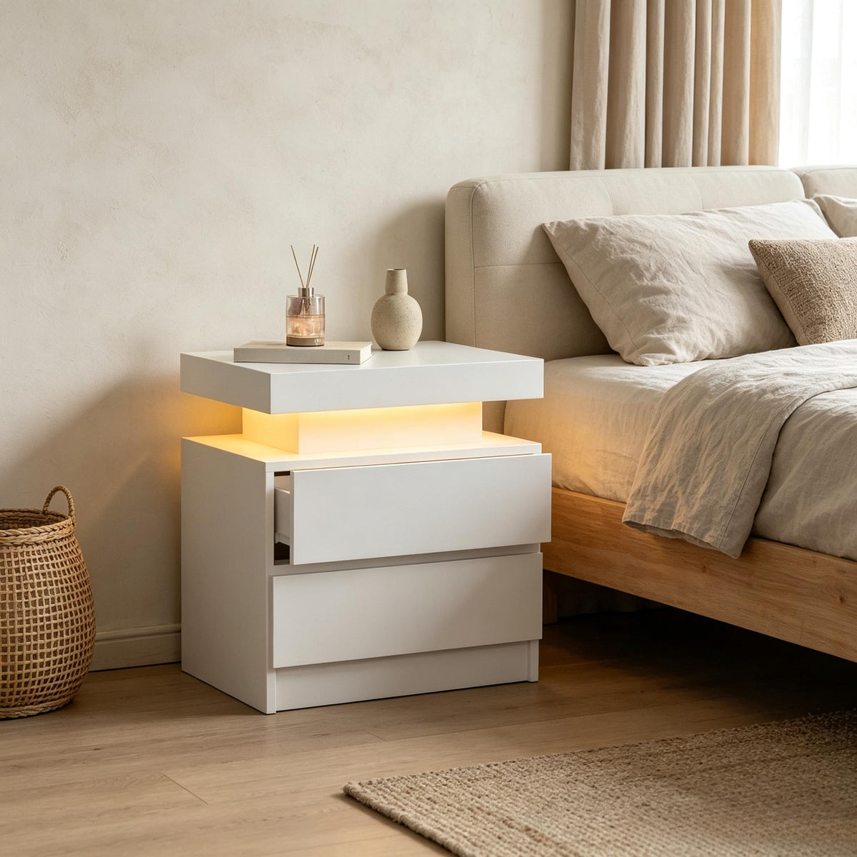 Modern LED Bedside Table with RGB Lights App & Remote Control, Lift‑Top Hidden Storage 2 Drawers High Gloss Nightstand, USB Powered Side Cabinet for Bedroom Living Room, Self‑Assembly
