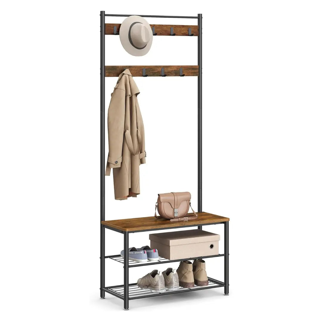 SONGMICS HOME Coat Rack, Hallway Cabinet, Cloakroom, Clothes Rack, with Bench and Shoe Shelves, Shoe Bench, Shoe Organiser, 9 Hooks, Metal Frame, Height 175 cm, Industrial Style