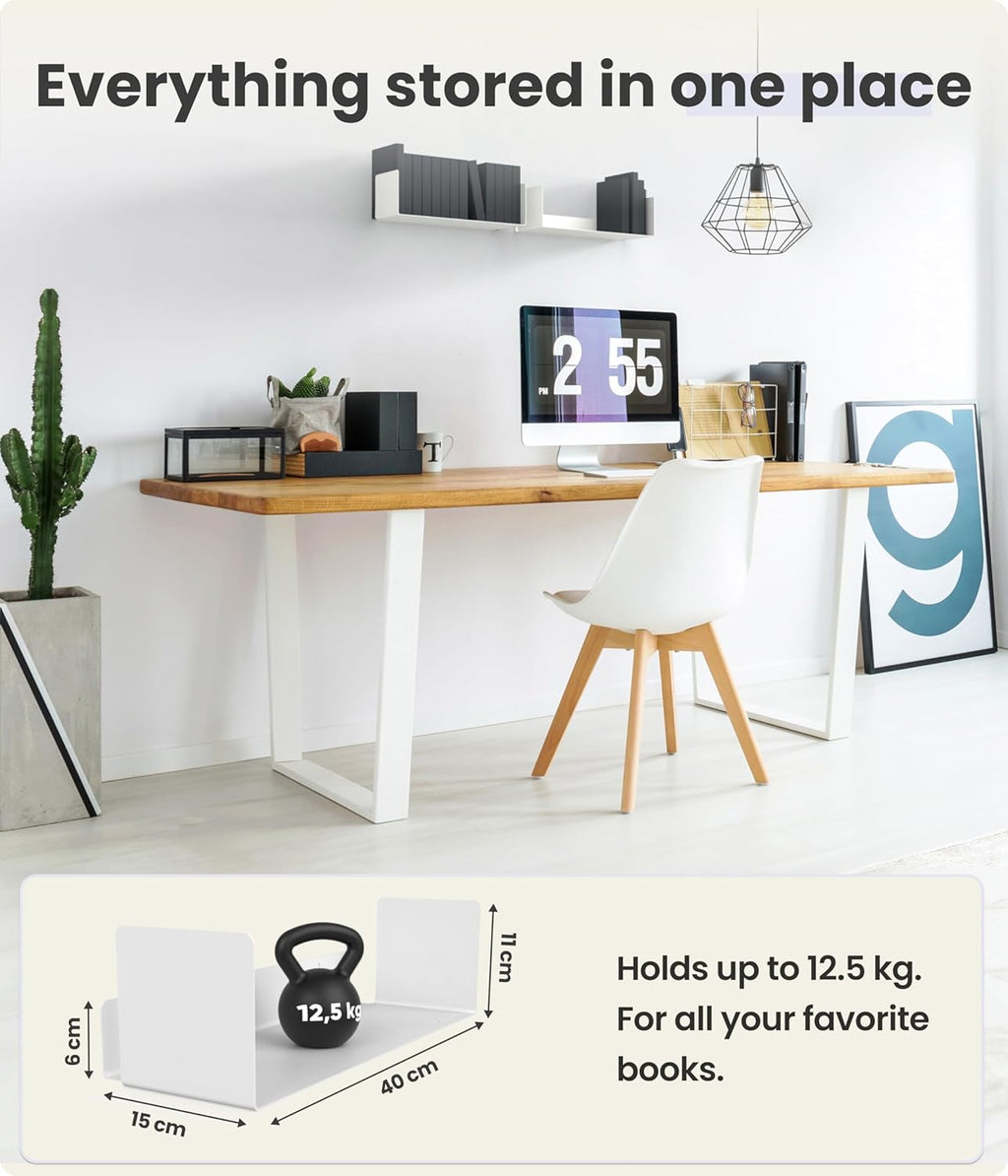 2 Pack White Floating Wall Bookshelves (2x40 cm) - Wall Mounted Shelf Set, Ideal for Bedroom & Living Room
