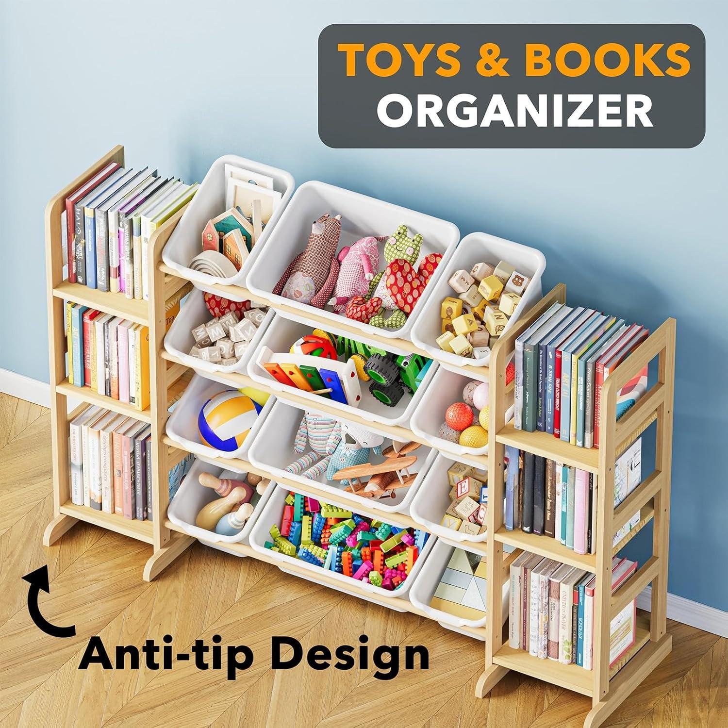 Kids Wooden Toy Storage Organizer, Toy Shelving Unit with 12 Removable Bins & 6 Open Shelves, Multi‑Purpose Children Bookcase Storage Cabinet for Playroom Bedroom Nursery