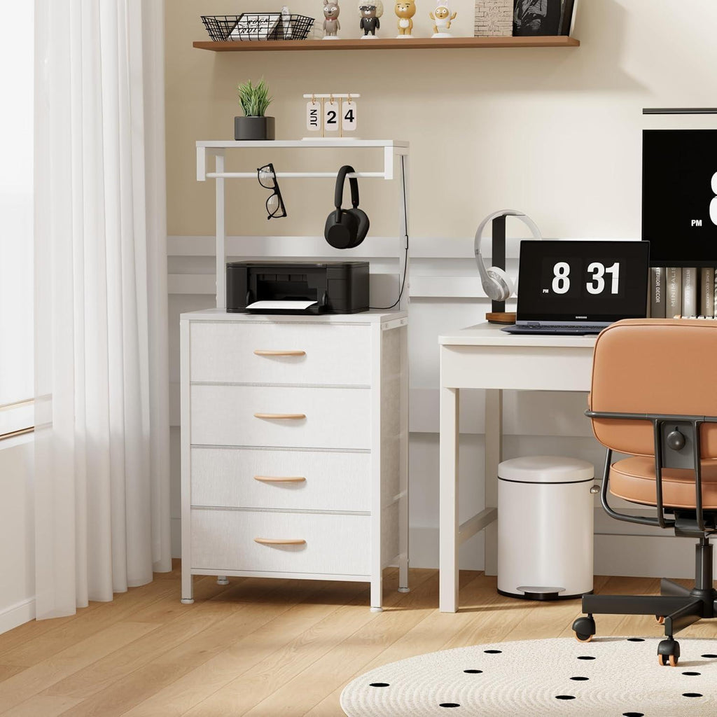 White Bedside Table with Charging Station & LED Light Nightstand 4 Fabric Drawers Wood Shelf Bedside Cabinet Bedroom Side Table Storage Organizer