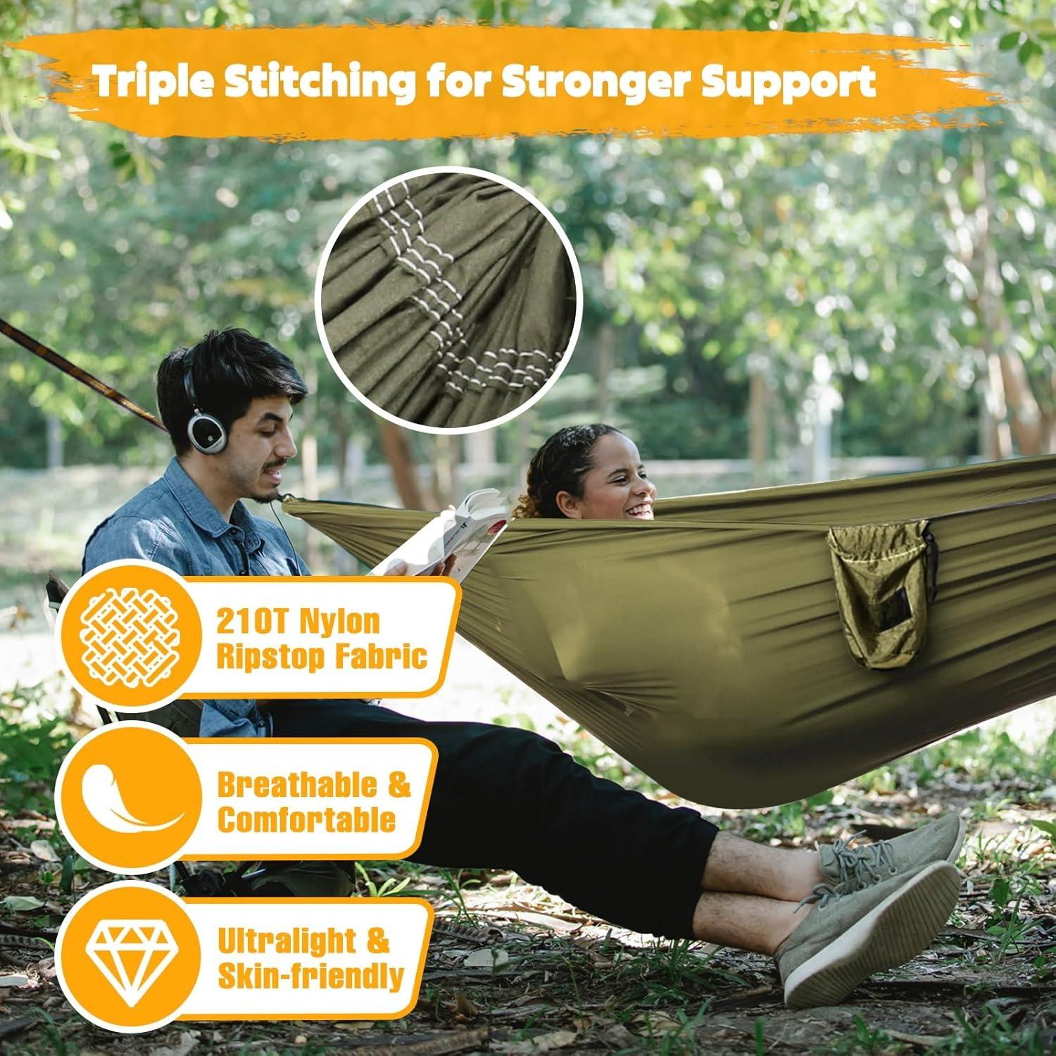 Ultra-Light Travel Camping Hammock | 300kg Load Capacity,(300 x 200 cm) Breathable,Quick-drying Parachute Nylon | 2 x Premium Carabiners,2 x Nylon Slings Included | For Outdoor Indoor Garden