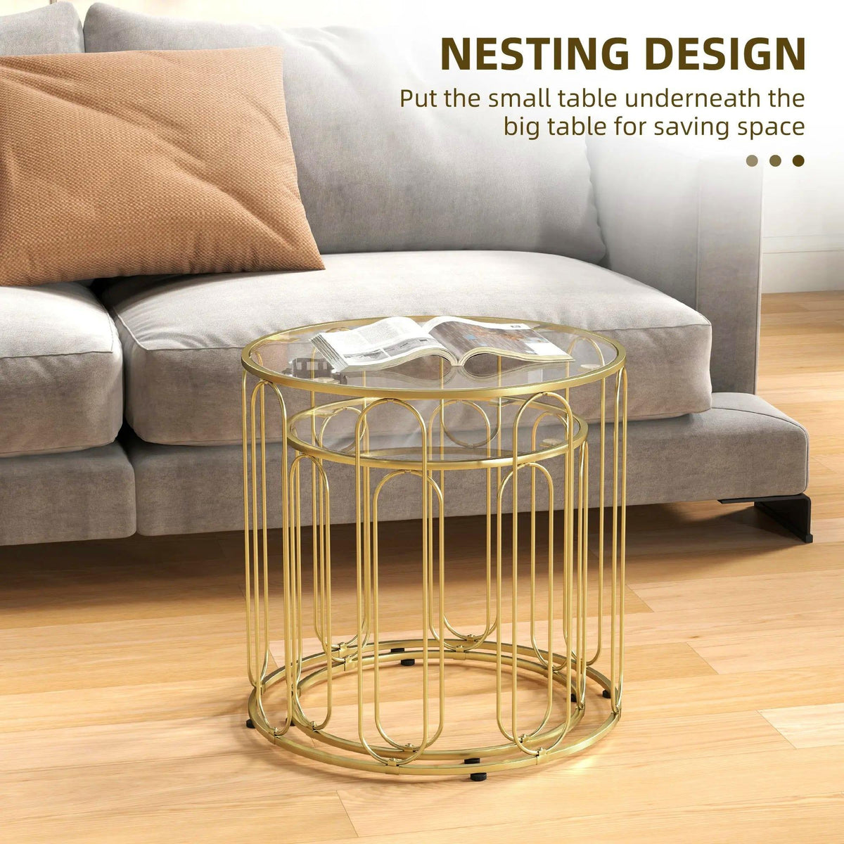 2‑Piece Nesting Coffee Table Set, Round Tempered Glass Side Tables, Gold Tone Sturdy Metal Frame Stacking Tea Table, Modern Decor Nest of Tables for Living Room Bedroom Office Small SpacesW