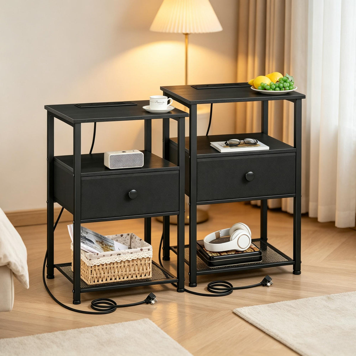 Bedside Table Set of 2 with Charging Station, Nightstand with 2 AC Outlets & USB Ports, Fabric Drawer Night Stand with Open Storage Shelf, Small Side End Table for Bedroom Living Room, Small Space Furniture, Black / Brown