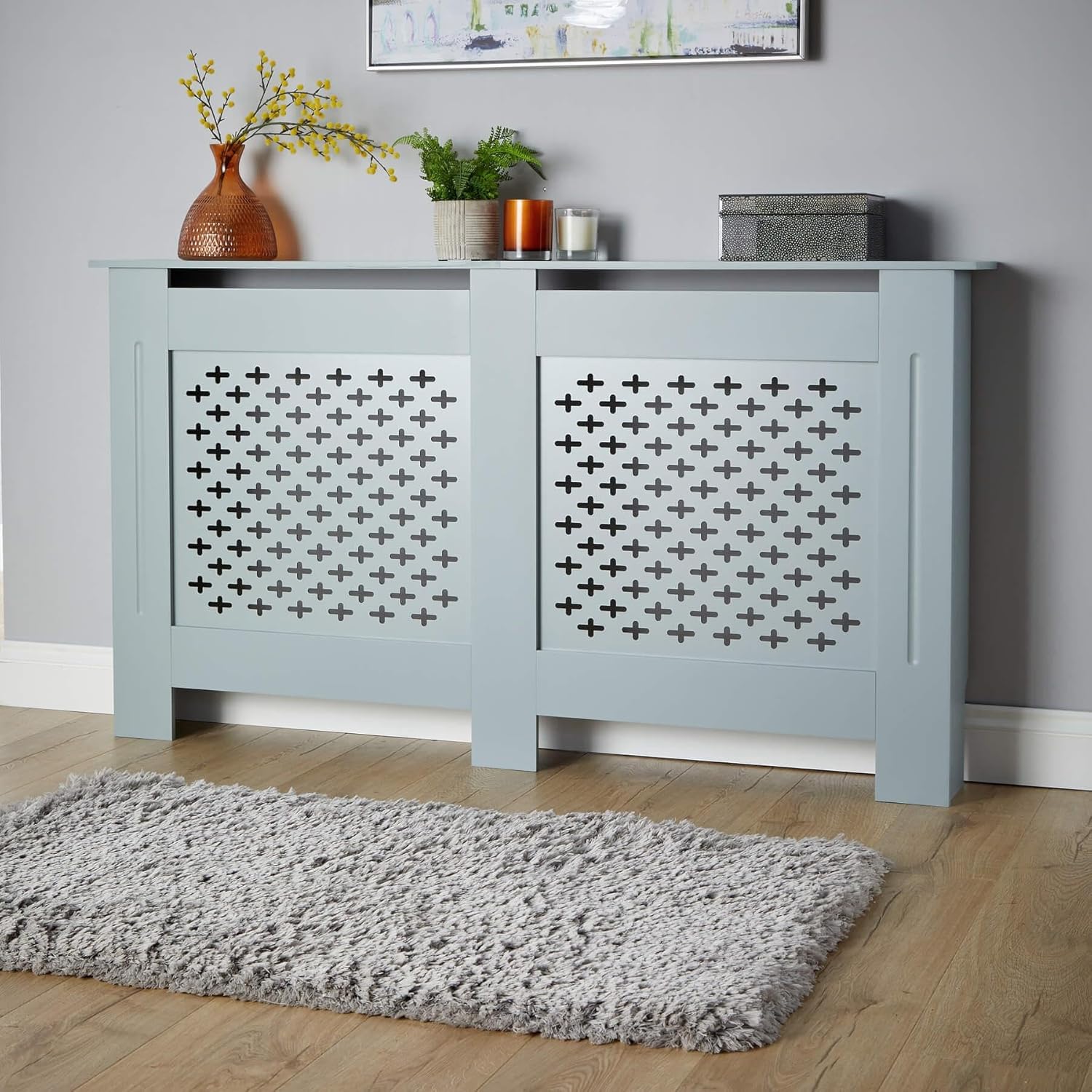 Modern Wooden Radiator Cover with Shelf, White Wall-Mounted Cabinet, Decorative Grill Vent, Medium Size for Home Office Living Room [Plus A Free Gift]