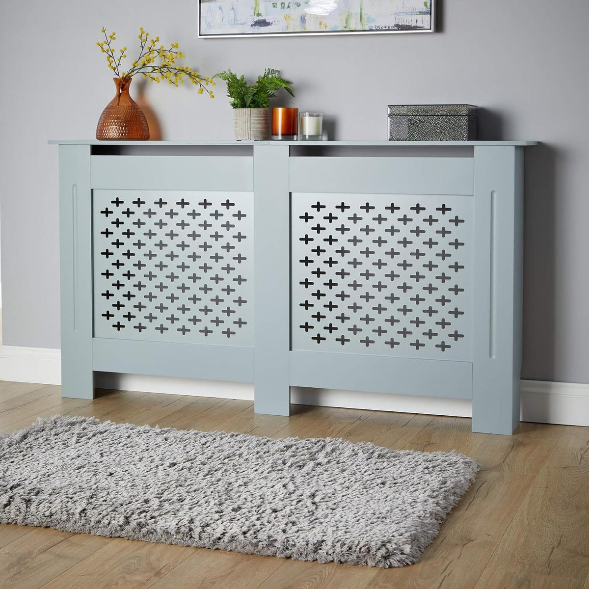 Modern Grey Large Wooden Radiator Cover with Wall Cabinet Shelf and Decorative Grill [Plus A Free Gift]