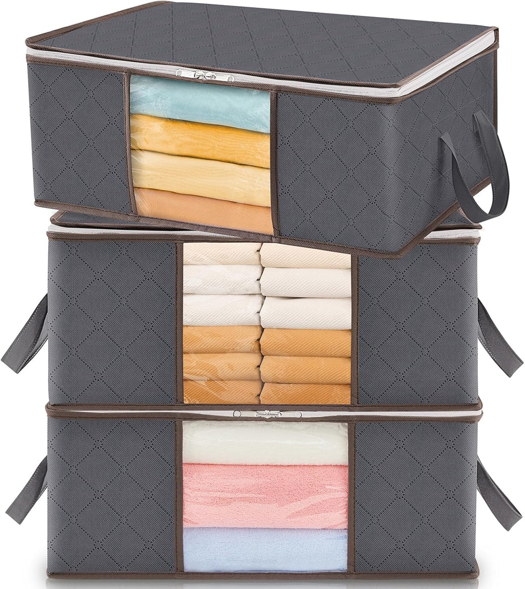 NS 35L Clothes Storage Bag Foldable Storage Boxes with Lids Underbed Wardrobe Storage Organiser with Sturdy Fabric Clear Window for Clothing Bedding Sweaters T-shirts Blankets, 3 Pack, Grey