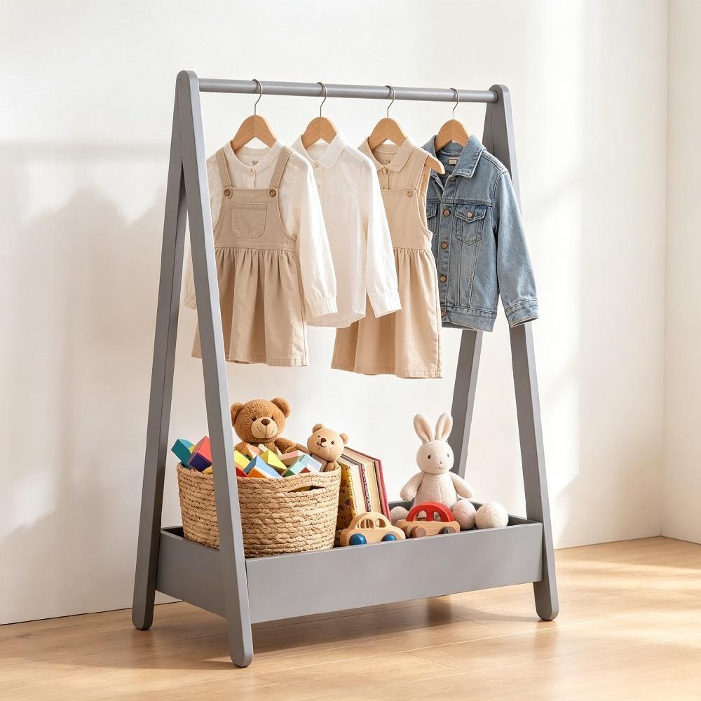 White Solid Pine Wood Kids Clothes Rack with Hanging Rail and Storage Shelf, 99H x 64.5W x 42D cm, Portable Space-Saving Stand for Toys and Footwear, Children's Bedroom Organiser [Plus A Free Gift]