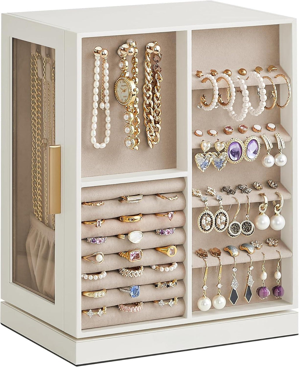 Luxury Cloud 360° Rotating Jewellery Box Organiser, Vertical Large Capacity Jewellery Display Case with 5 Drawers Transparent Window, Open Design Spacious Jewelry Storage Box, Elegant Gift for Women Girls Dresser Desktop Decor