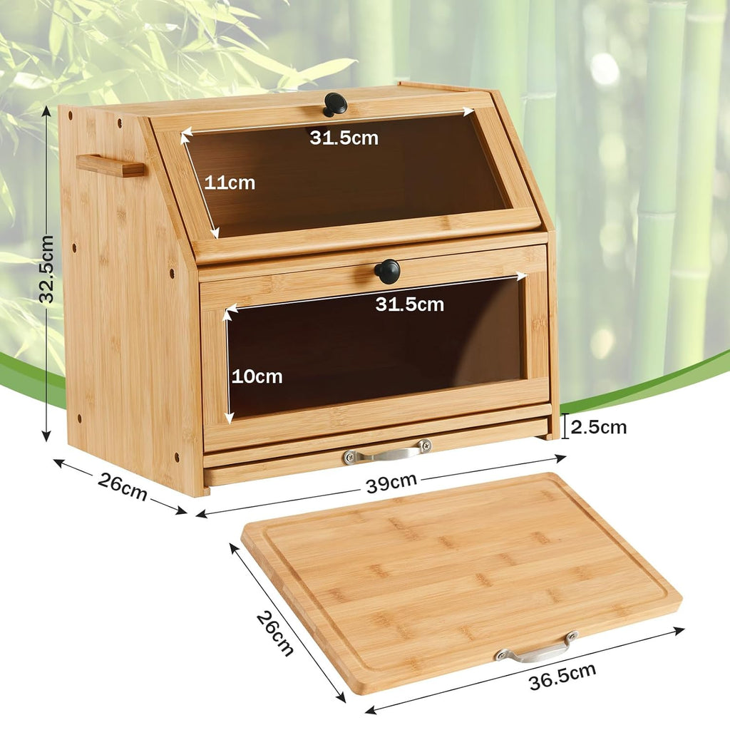 Large Double Layer Bamboo Bread Bin, Multi-Functional Bread Storage Box with Cutting Board & Transparent Window, Countertop Organizer for Bread, Salt, Pepper & Jam,