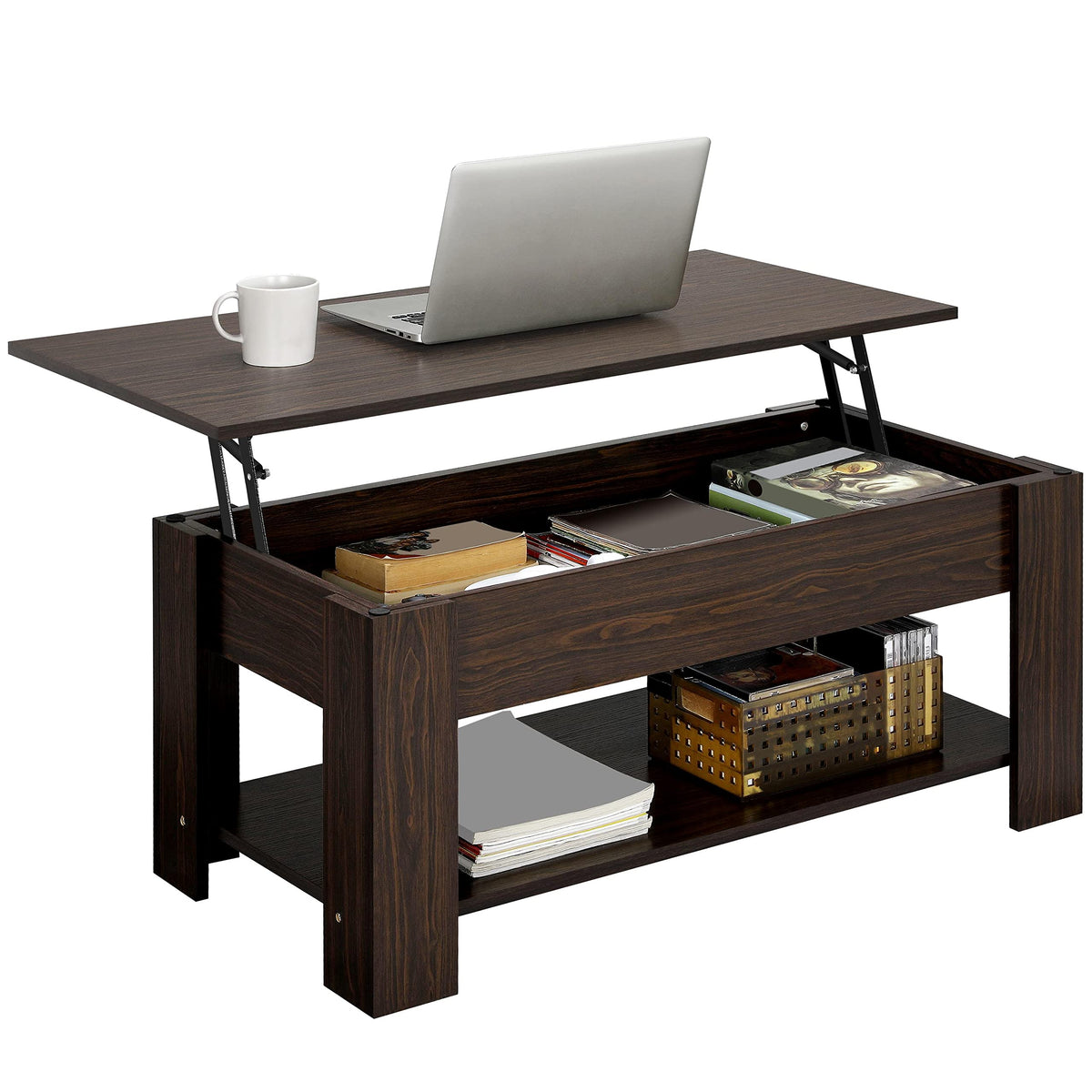 【NS】Lift Up Coffee Table, Wooden Lifting Tea Table with Hidden Storage Drawer and Open Shelf for Living Room/Reception, Rustic Brown, 98x50x(42-56) cm