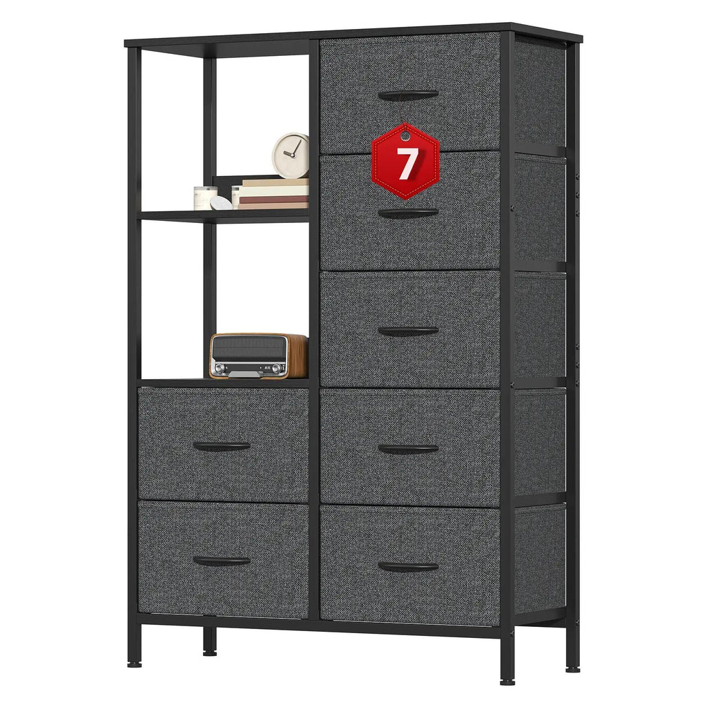 7-Drawer Fabric Storage Tower with Steel Frame & Wood Top Easy-Pull Handles for Bedroom Hallway Entryway & Closet Spacious Multi-Zone Storage Modern Aesthetic Lightweight & Easy to Relocate