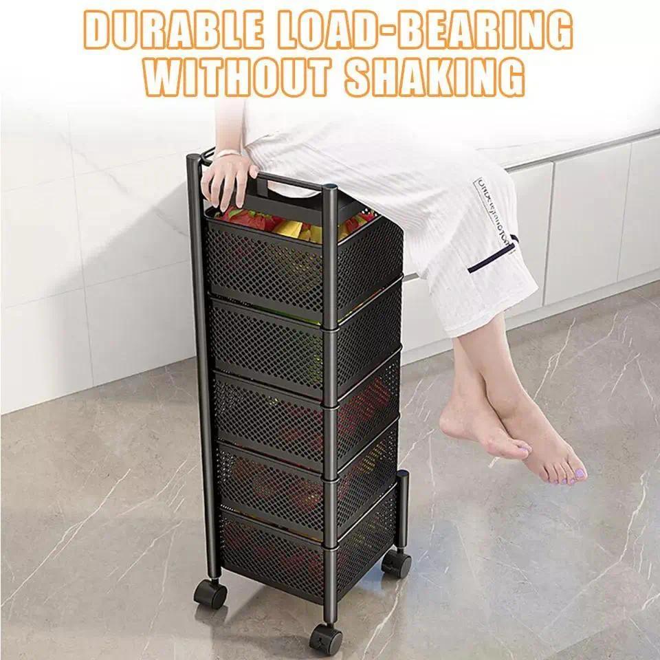 6 Tier Kitchen Rotating Storage Trolley Cart, Metal Mobile Rolling Shelf Rack Organizer with Drawers & Moveable Baskets, Multi‑Purpose Utility Cart for Vegetable Fruit Pantry Kitchen Supplies Home Storage