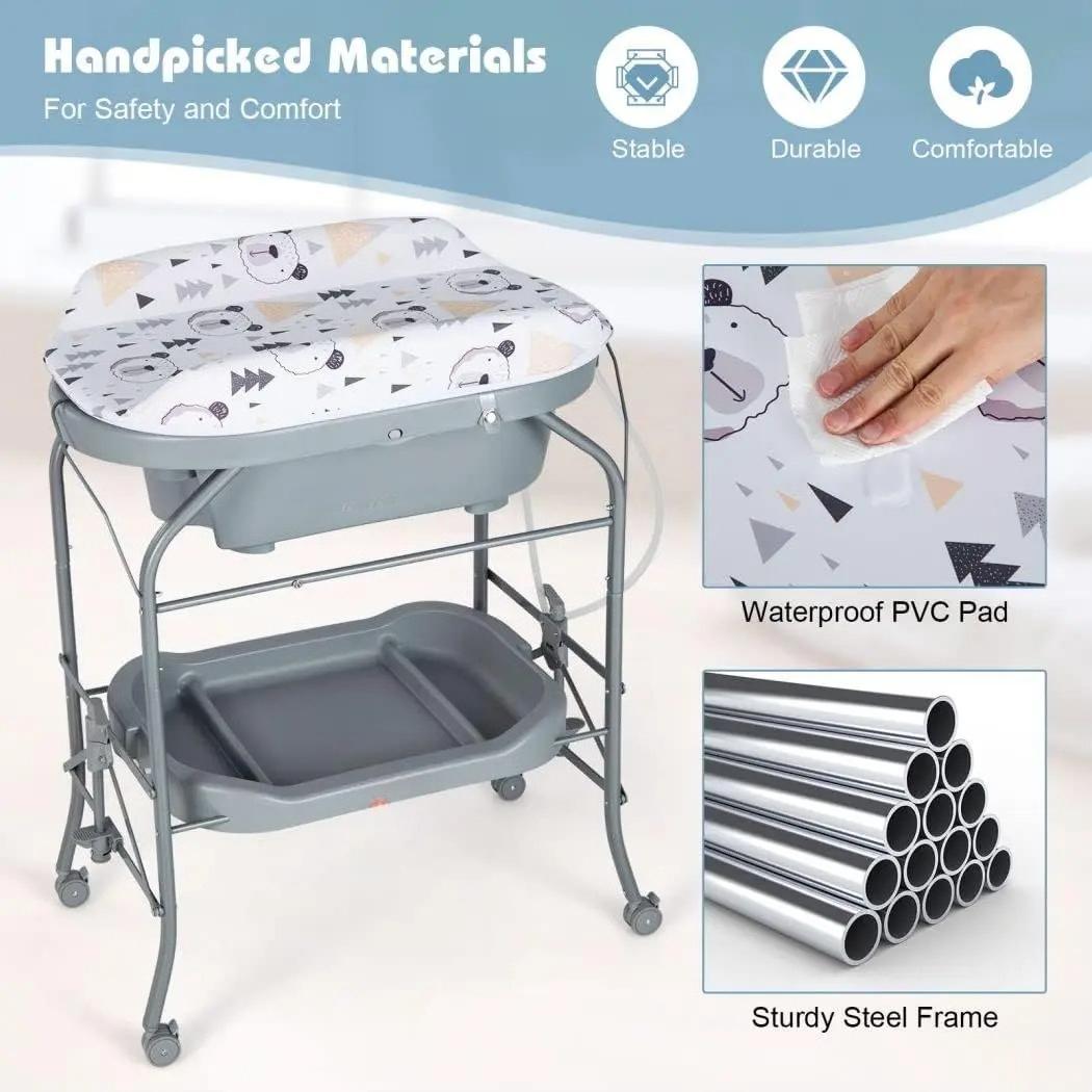 `4‑in‑1 Folding Baby Changing Table, Portable Infant Nursery Station with Built‑in Bath Tub, 4 Universal Rolling Wheels, PVC Changing Pad & Storage Tray, Newborn Massage Diaper Organizer Table`