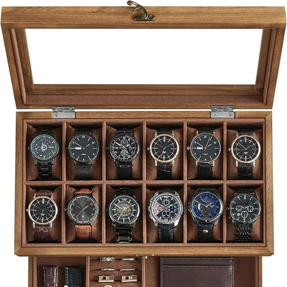 12-Slot Ink Black Wooden Watch Box with Glass Lid - 2-Tier Luxury Case for Men & Women | Velvet Lining & Watch Pillows, Stylish Jewellery Storage | Ideal Gift + FREE Gift Included | Organize Watches in Elegant Fashion
