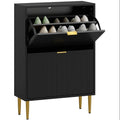 Narrow Shoe Cabinet with 2 Flip Drawers, Modern Slim Shoe Storage Cabinet with Fluted Doors, Gold Handles & Adjustable Shelves, Freestanding Shoe Organizer for Hallway Entryway, Holds 12 Pairs of Shoes