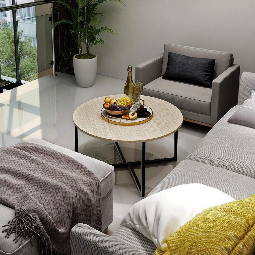 Round Coffee Table for Living Room - Modern Black & White Tea Table with Sturdy Metal Legs, Compact Design