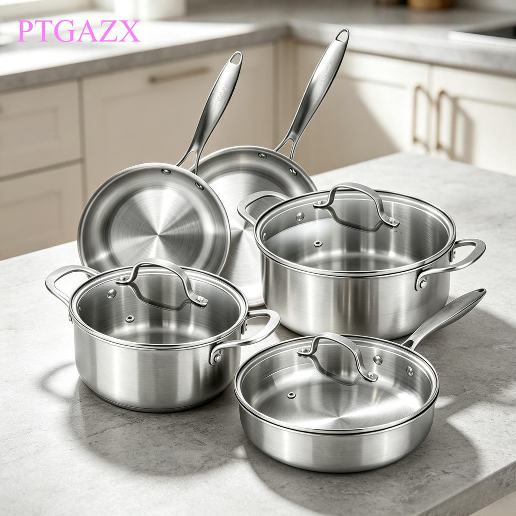 8Pcs Tri‑Ply Stainless Steel Cookware Set, Cooking Pots & Frying Pans with Glass Lids, Universal for Induction Gas Stove, Durable Kitchen Saucepan Set for Home Daily Cooking