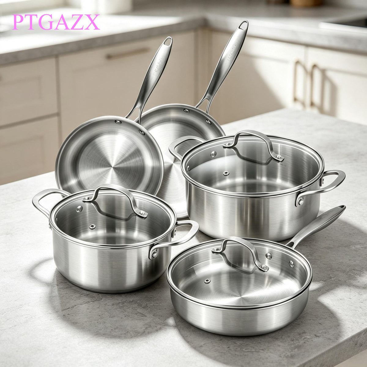 8Pcs Tri‑Ply Stainless Steel Cookware Set, Cooking Pots & Frying Pans with Glass Lids, Universal for Induction Gas Stove, Durable Kitchen Saucepan Set for Home Daily Cooking