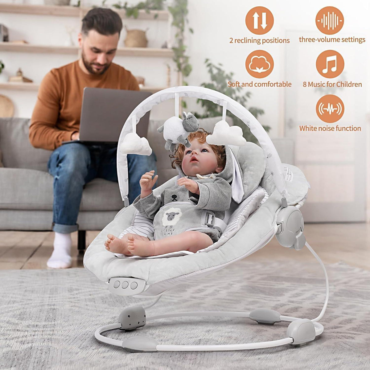 【NS】Baby Bouncer with Soothing Music & Vibration | Soft Padded Lamb Seat | Gentle Rocking for Calming & Sleep | Newborn to 6 Months [Plus A Free Gift]