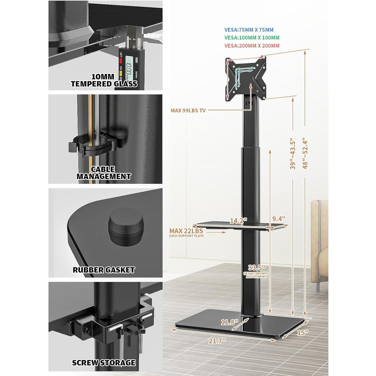 Swivel Floor TV Stand | Compatible with 19-43 Inch Flat Screen TVs (LCD/LED) | 3-Tier Storage Shelf | Sturdy Design, Simple Black [Plus A Free Gift]
