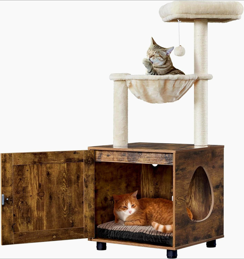 Cat Tree Tower with Hidden Litter Box Enclosure, All‑in‑One Wooden Cat Furniture for Indoor Large Cats, Kitty Washroom Cabinet with Condo, Hammock, Sisal Scratching Posts, Top Perch Platform, Multi‑Level Pet Kitten House