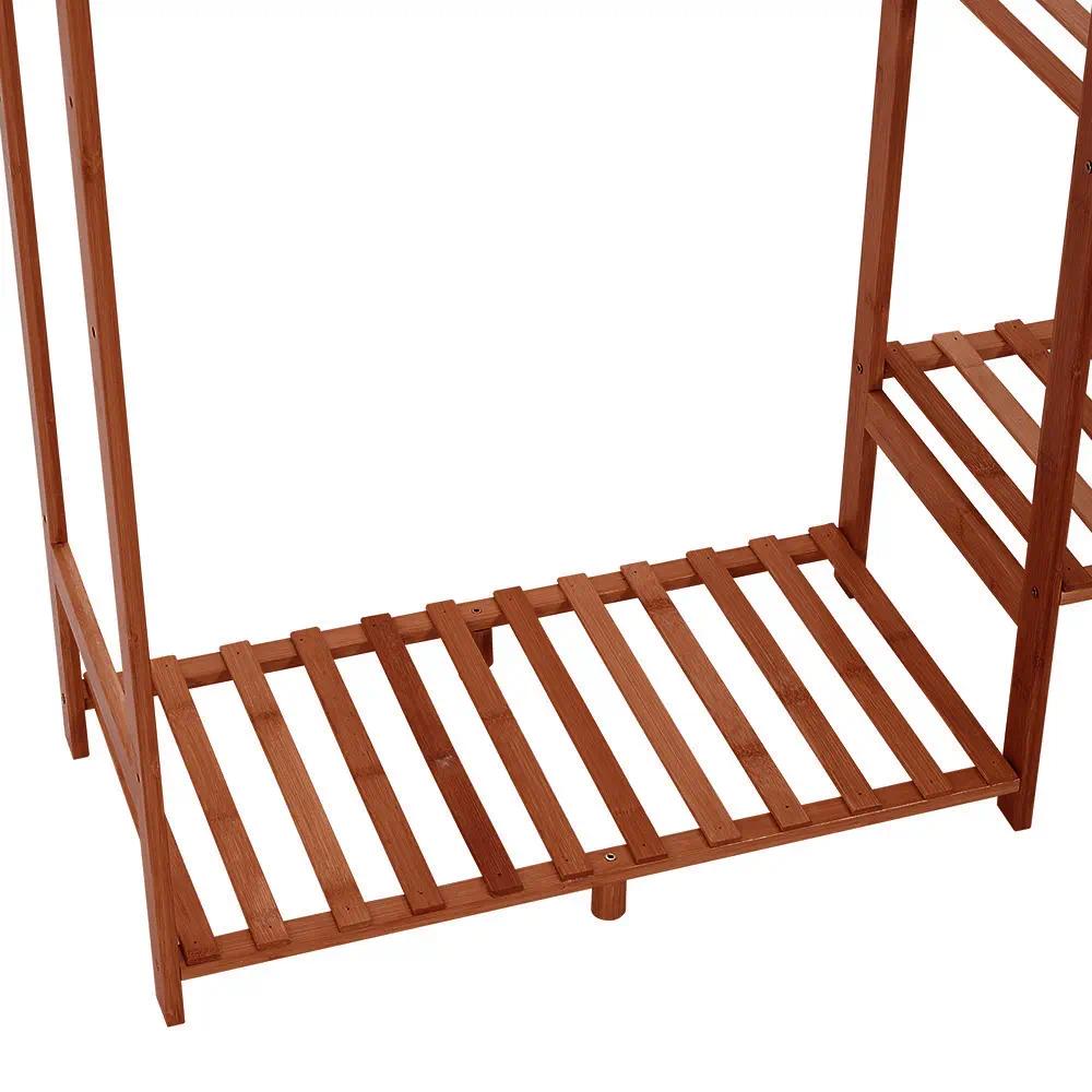 Freestanding Wood Open Garment Rack, Multi‑Storage Clothes Rack with 2 Hanging Rods, Trouser Holder & Multi‑Tier Shelves, Clothing Organizer for Bedroom Entryway Dressing Room