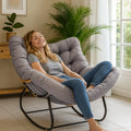 CROWNSHOP Chairs Oversized Rattan Egg Rocking Chair – Outdoor Wicker Chair with Metal Frame, Large Cushioned Seat for Garden & Patio