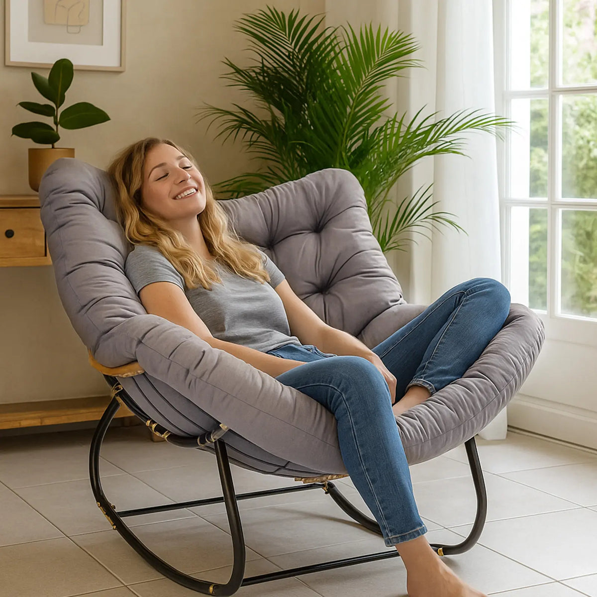 CROWNSHOP Chairs Oversized Rattan Egg Rocking Chair – Outdoor Wicker Chair with Metal Frame, Large Cushioned Seat for Garden & Patio