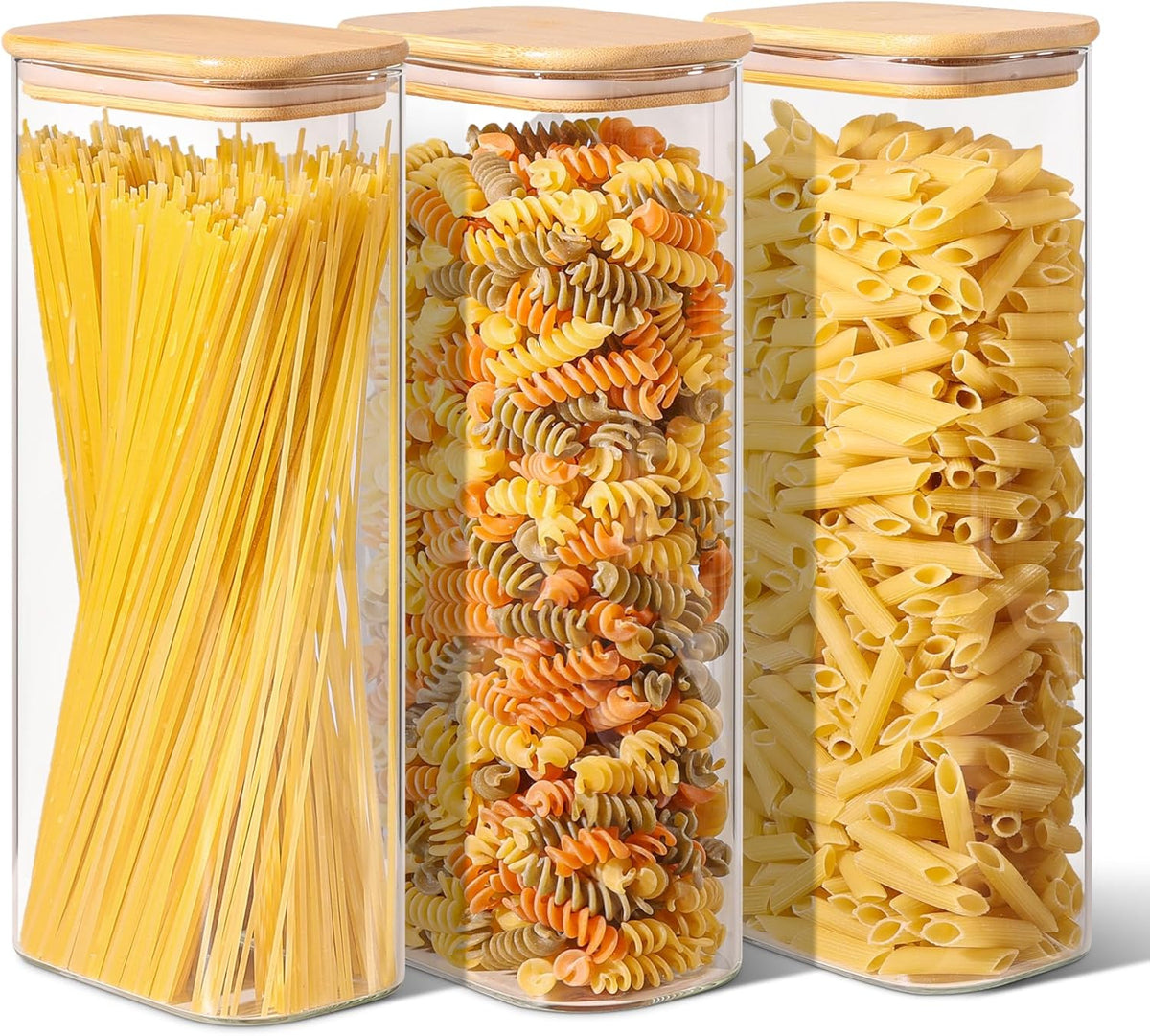 Rectangle Glass Storage Containers with Lids, Glass Jars with Bamboo Lids, Clear Food Storage Jar, Sugar Coffee Containers, Pantry Storage Container for Pasta Flour Oats Nuts