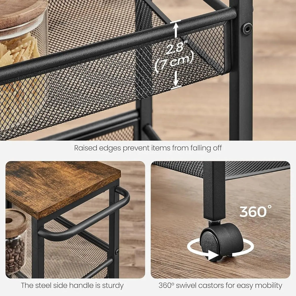 VASAGLE 4-Tier Trolley, Space-Saving Kitchen Cart with Wheels, Steel Frame, Handle, Slim StorageTrolley for Small Spaces, 22 x 45.5 x 77 cm, Kitchen Bathroom Living Room Studio Organiser Racks