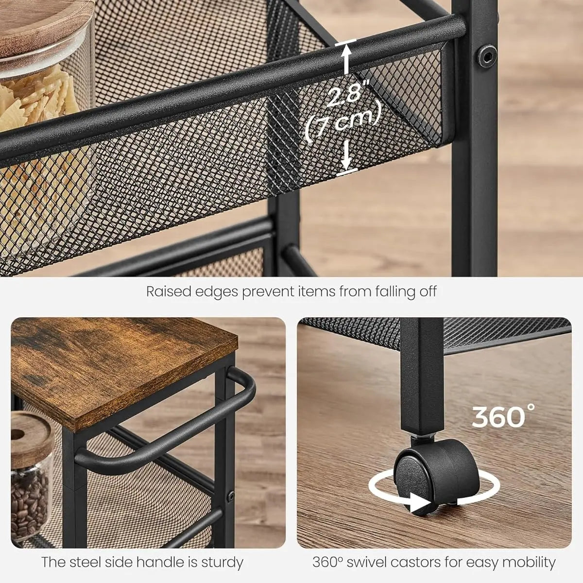 VASAGLE 4-Tier Trolley, Space-Saving Kitchen Cart with Wheels, Steel Frame, Handle, Slim StorageTrolley for Small Spaces, 22 x 45.5 x 77 cm, Kitchen Bathroom Living Room Studio Organiser Racks