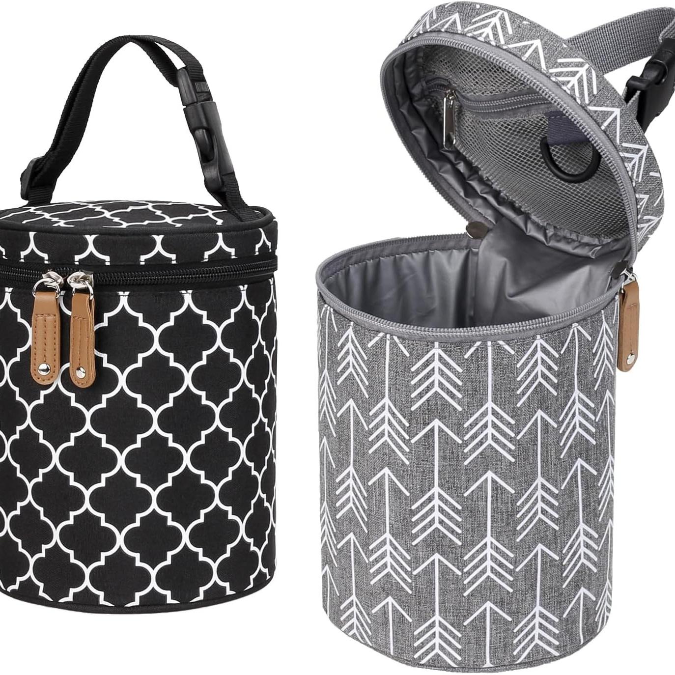 Insulated Baby Bottle Thermal Bag, Portable Breast Milk Cooler Bag Fits 4 Baby Bottles with Ice Pack & Shoulder Strap, Tote Storage Bag Portable Milk Bottle Holder & Carrier (Black & Grey)