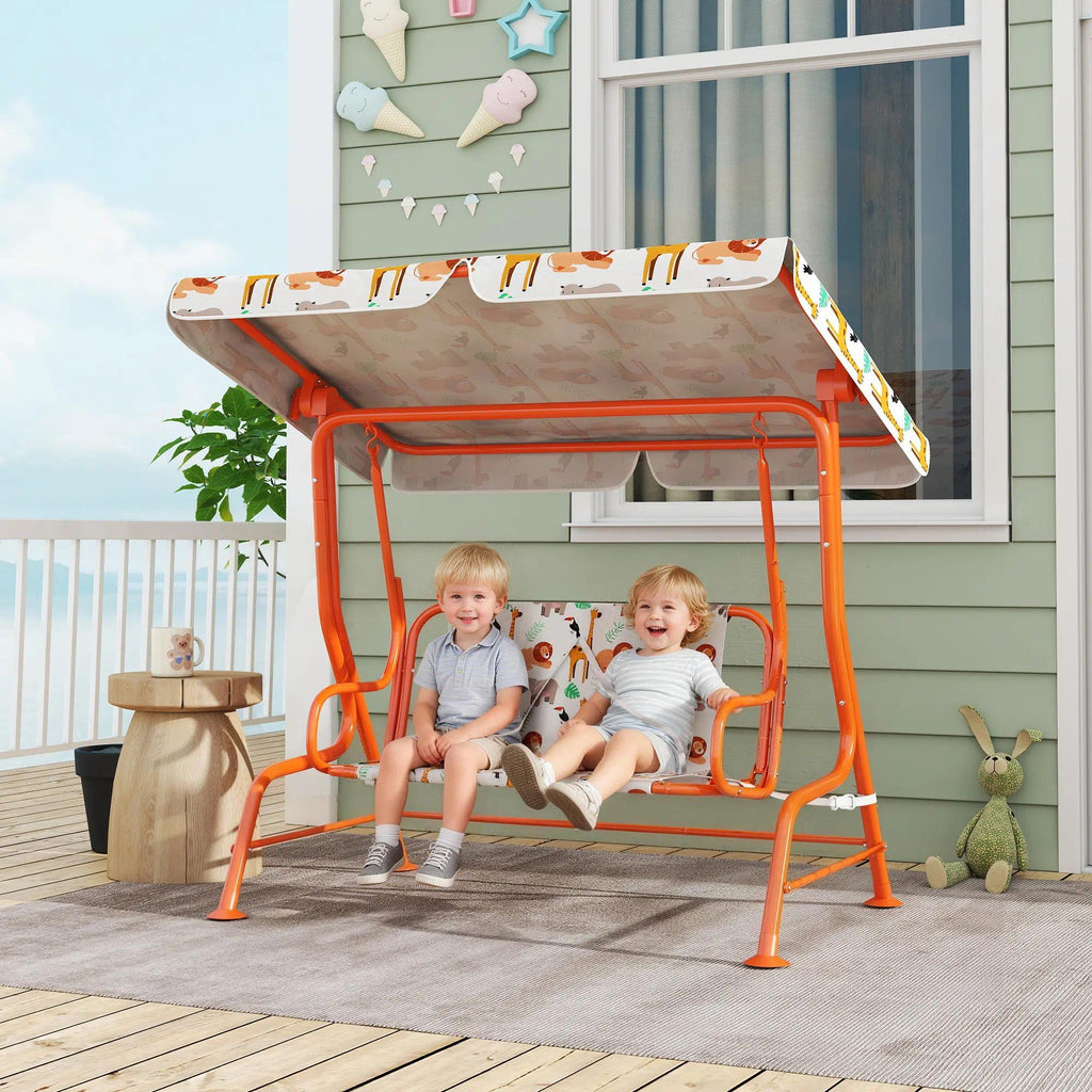 2‑Seater Kids Patio Swing Bench, Orange Weather‑Resistant Swing Chair with Adjustable Canopy & Safety Seat Belts, EN71 Certified Indoor Outdoor Swing Seat for Garden Patio Playroom Backyard
