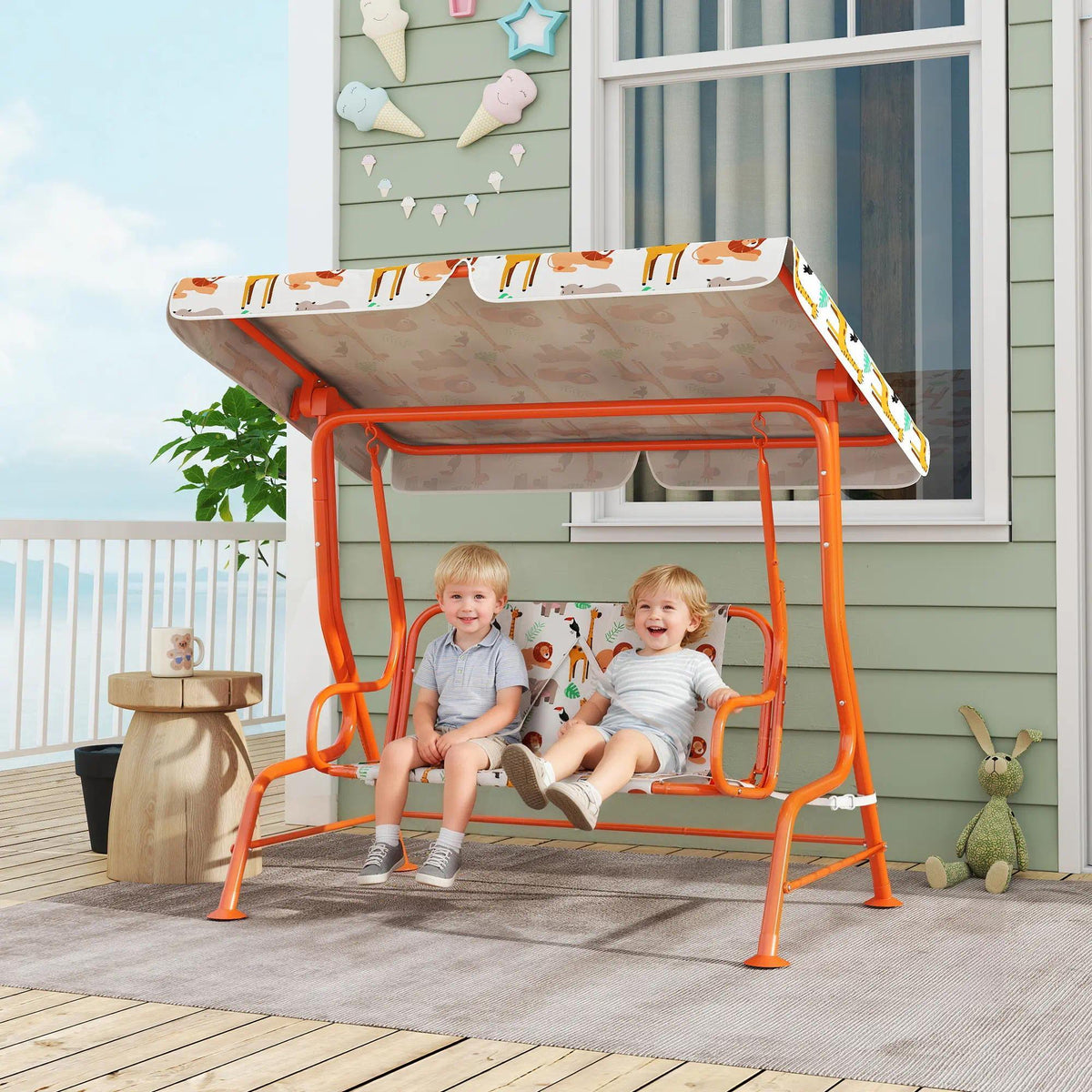 2‑Seater Kids Patio Swing Bench, Orange Weather‑Resistant Swing Chair with Adjustable Canopy & Safety Seat Belts, EN71 Certified Indoor Outdoor Swing Seat for Garden Patio Playroom Backyard