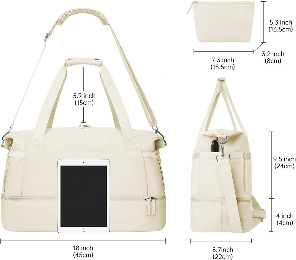 Gym Bag Womens, Travel Duffel Bag, Easyjet Cabin Bag 45x36x20 Underseat, Weekend Bag with Shoes Compartment, Hospital Bag with Wet Pocket & USB Charging Port, Overnight Sports Bag, Beige
